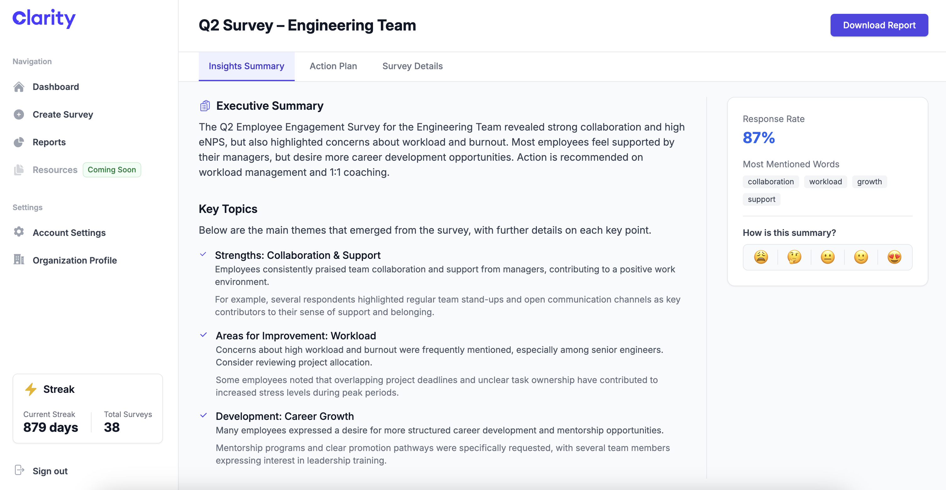 Clarity report example screenshot